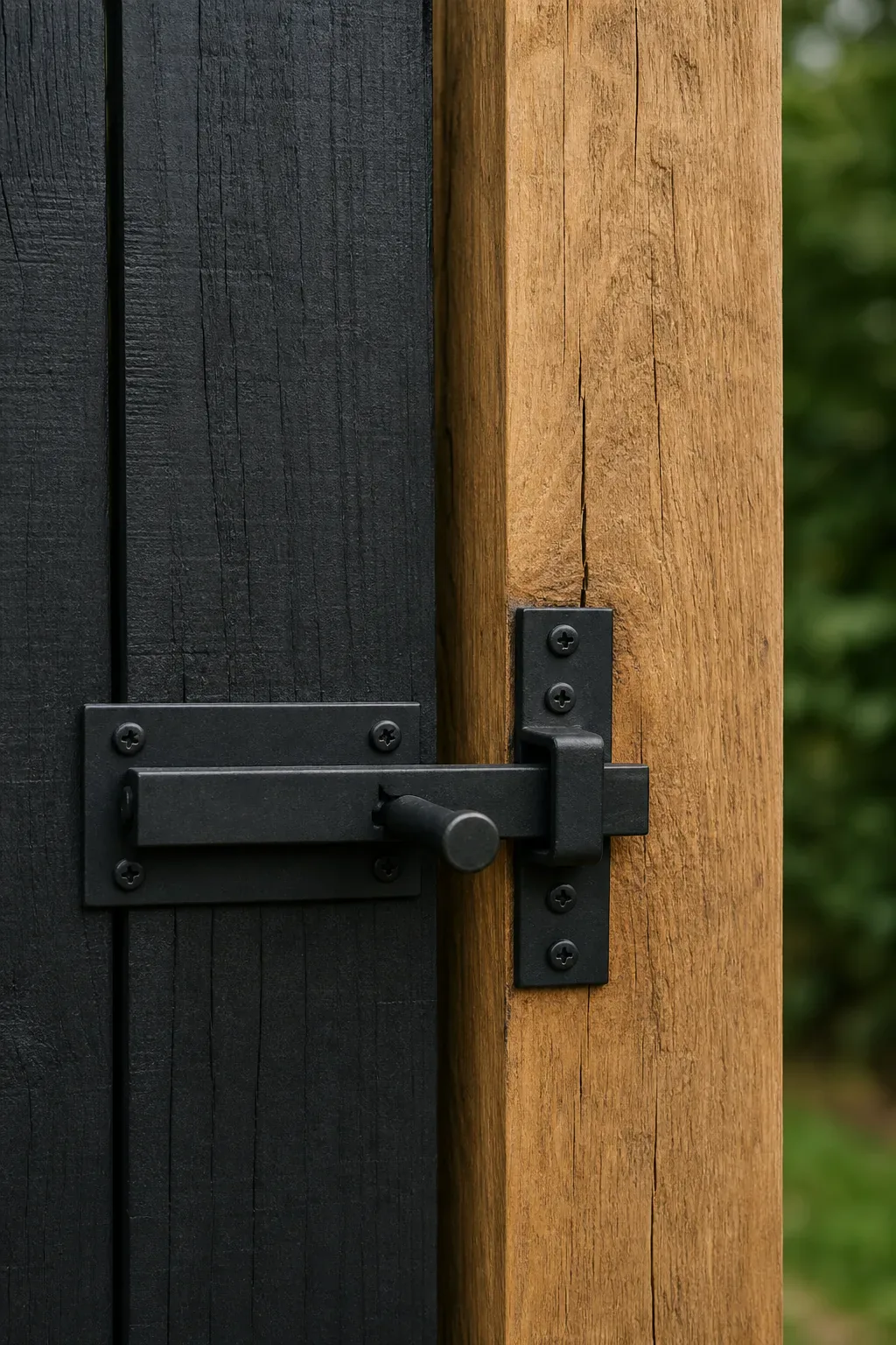 Matte-black gate latch fixed to timber